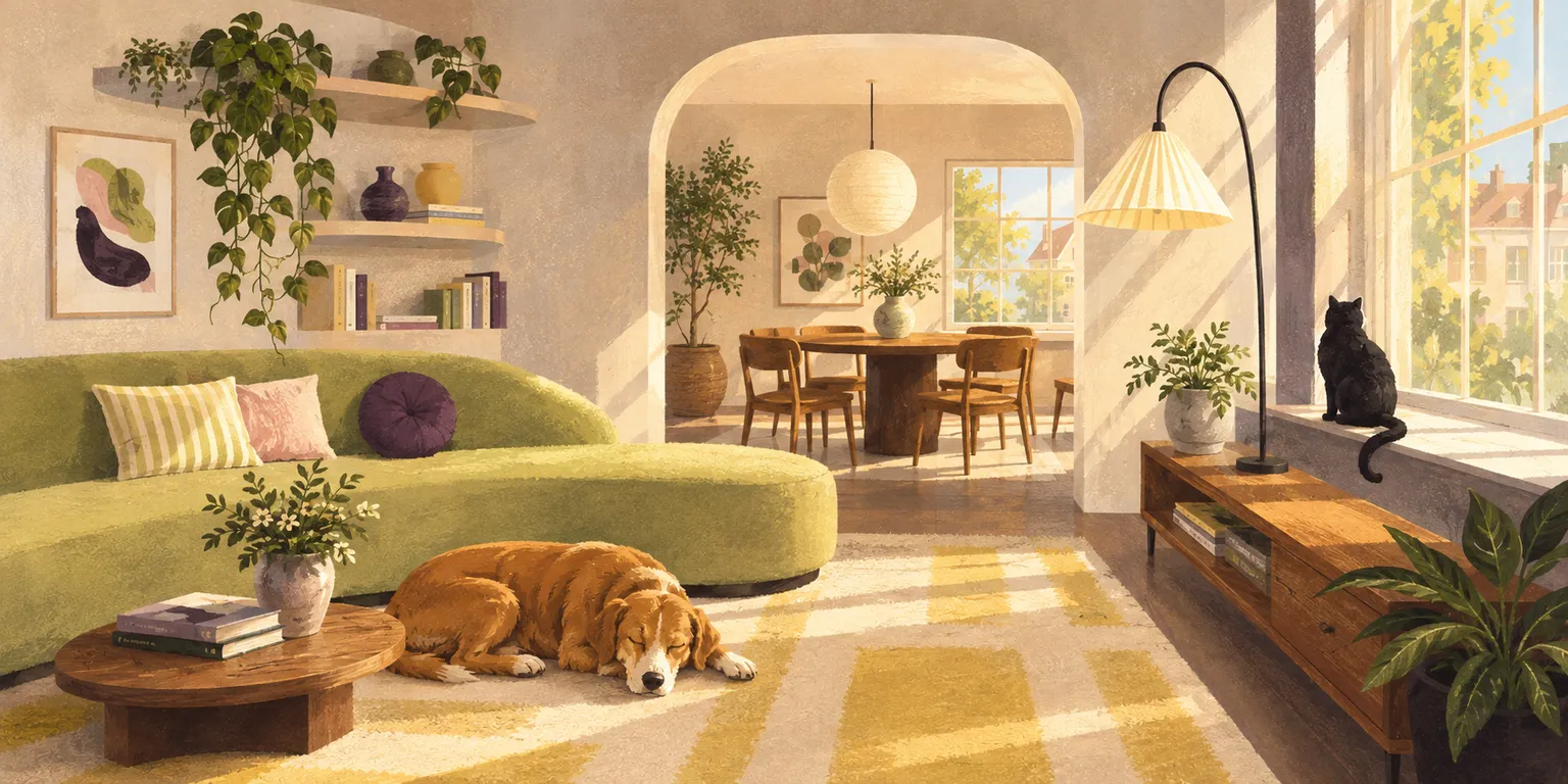 A painted living room with a caramel dog resting beside a green sofa and a black cat enjoying a sunny window.